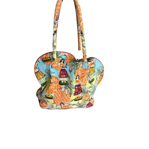 Hawaiian Print Canvas Tote Weekend Bag With Pineapple & Hula Girl Playing Guitar - Picture 4 of 10
